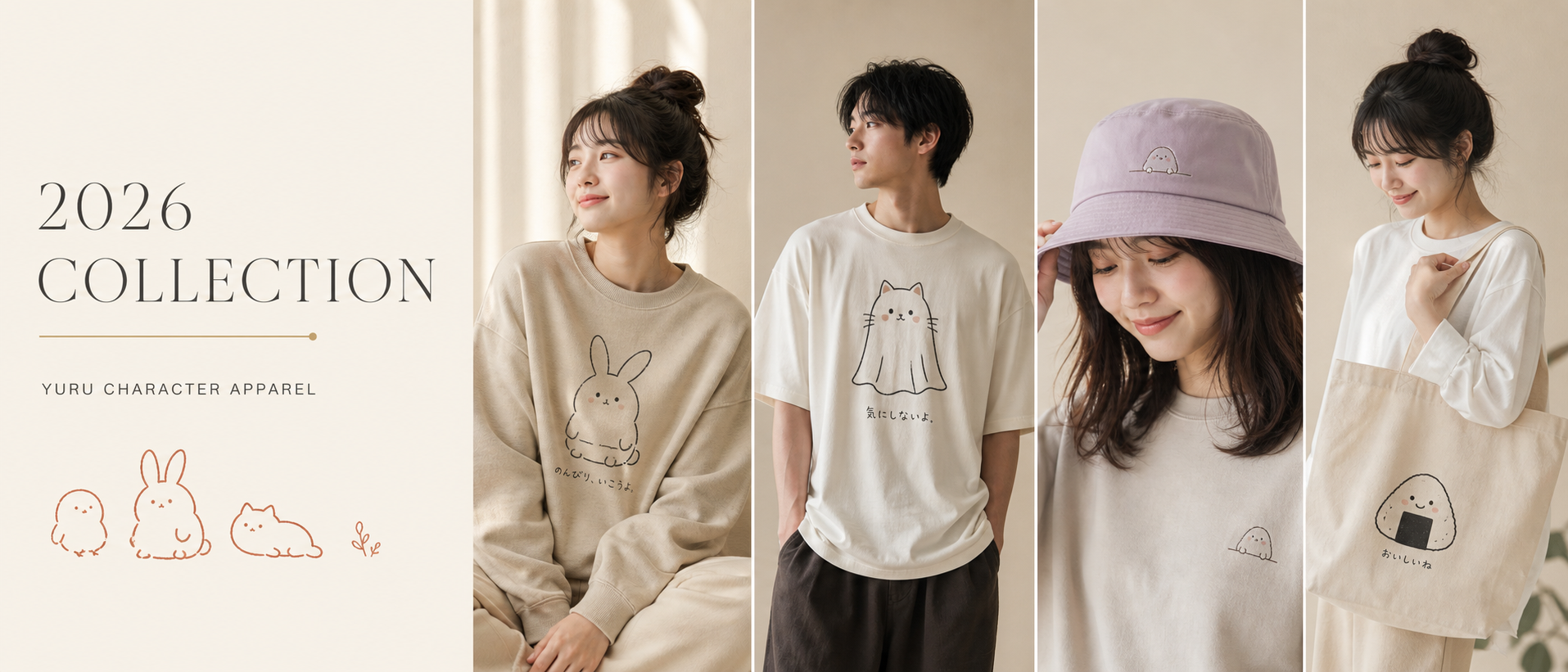 2026ゆるキャラアパレルコレクション：ウサギ・オバケねこ・モフモフキャラクターのスウェット・Tシャツ・ハット着用モデル4名