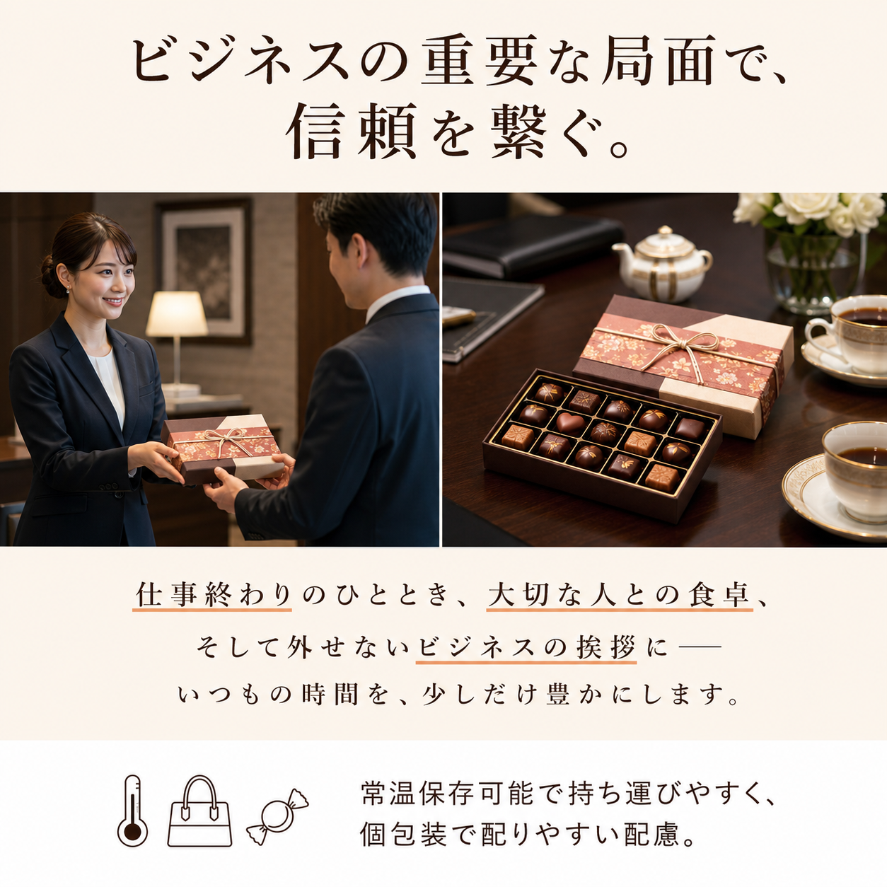 周年記念・異動挨拶・接待・株主総会ノベルティなどビジネスシーンでのショコラセレクション大口活用シーン