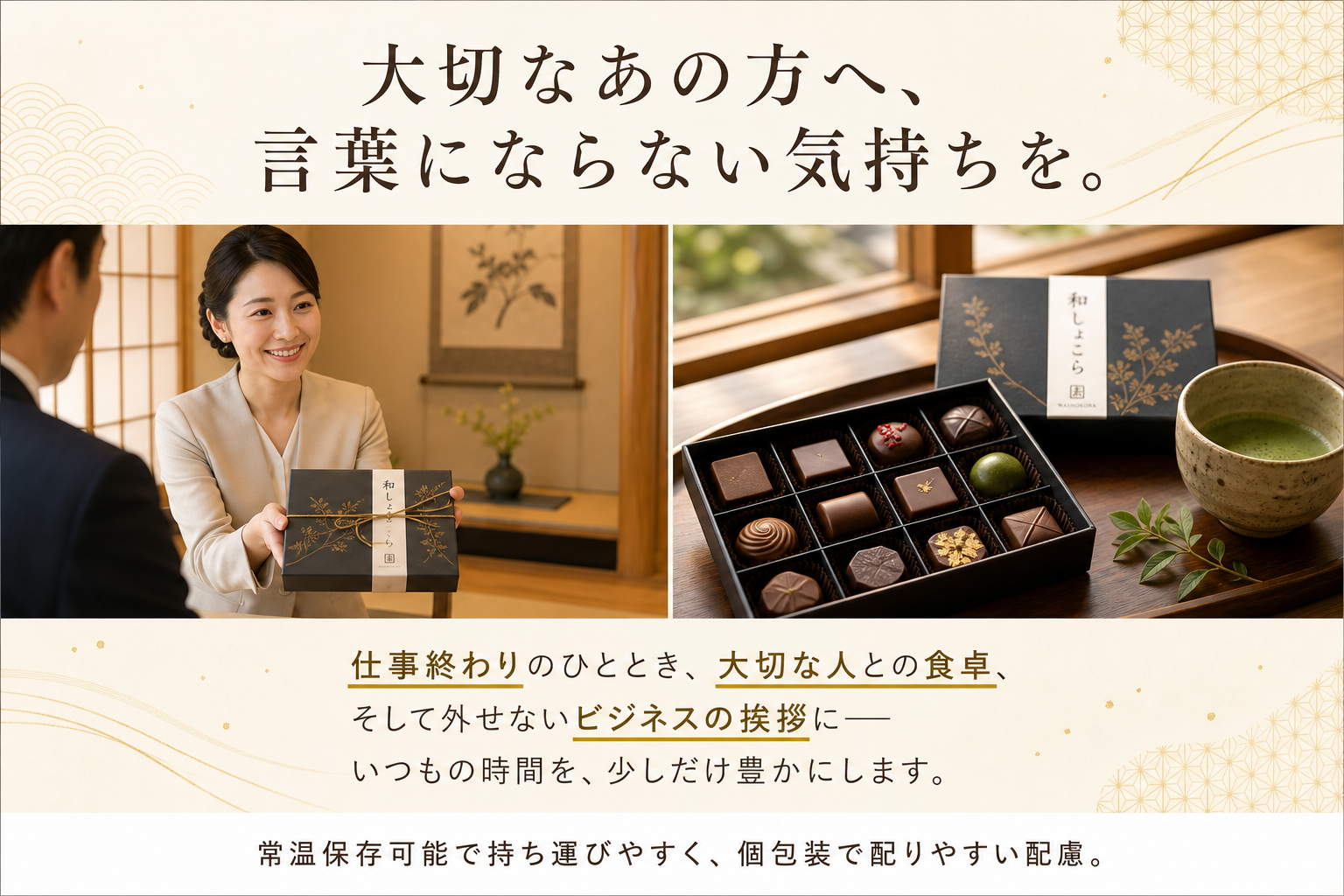 和テイストショコラの大口活用シーン。取引先への手土産、社内配布、周年記念ギフトとして活用されているシーン。