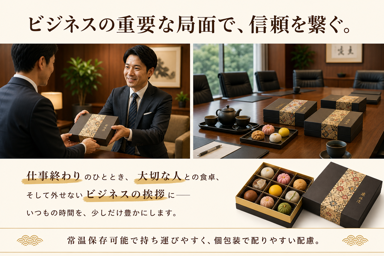 ビジネスシーンで和菓子ギフトを手渡す利用シーン