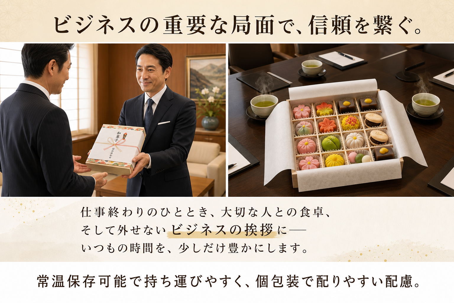 和菓子詰め合わせの利用シーン 取引先への一括贈答 社内配布・株主向けギフト